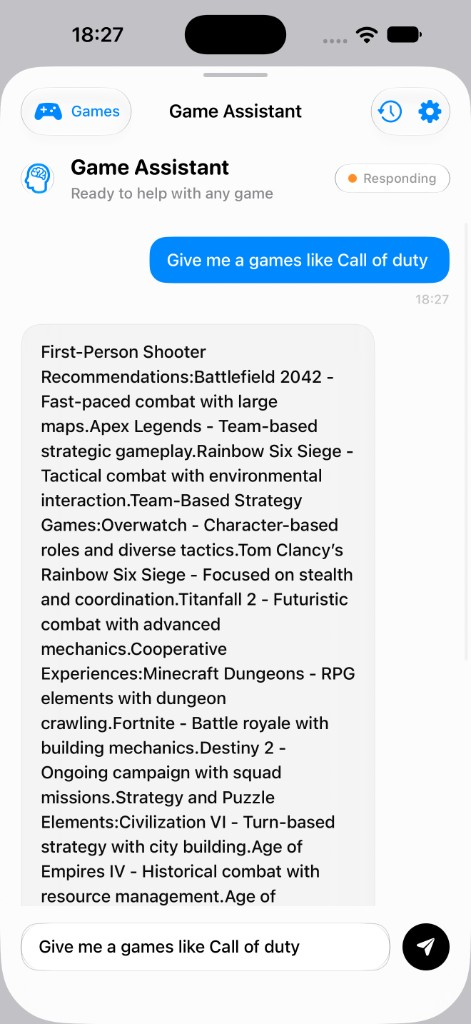 Game Assistant chat recommending titles similar to Call of Duty