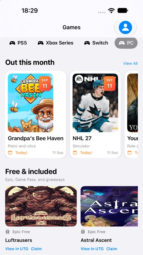 Games list with Out this month and Epic Free promotions