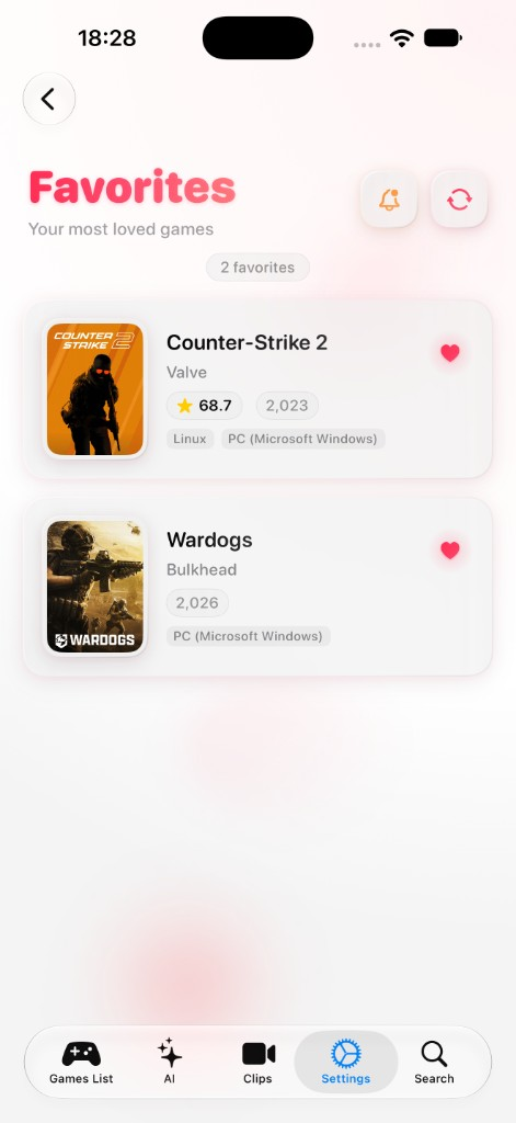Favorites list in UTG with Counter-Strike 2 and Wardogs