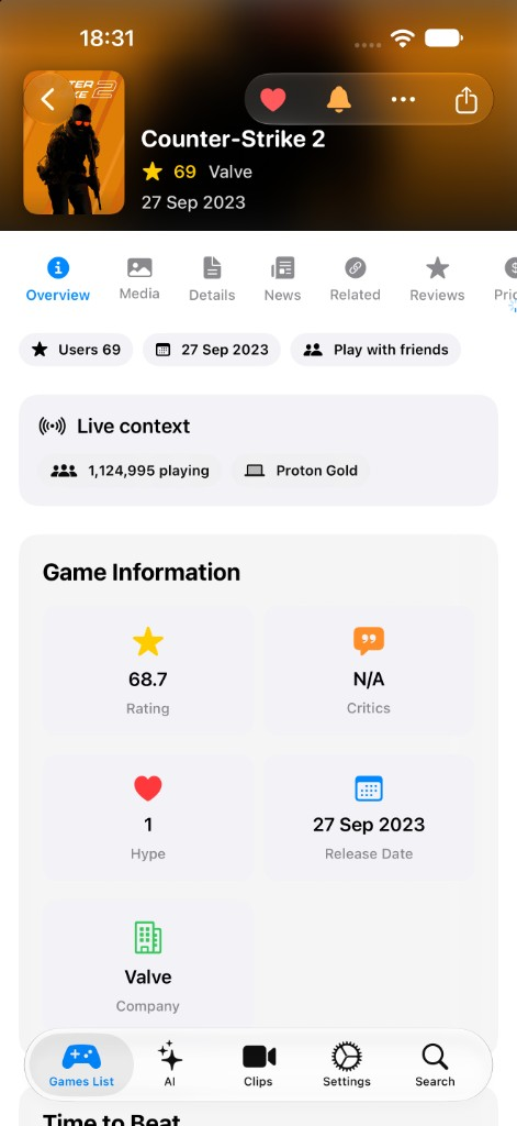 Game page with live context, rating, and release date