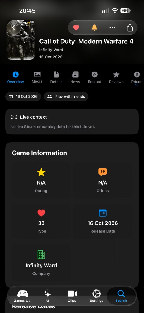 Call of Duty: Modern Warfare 4 in UTG, release date 16 Oct 2026